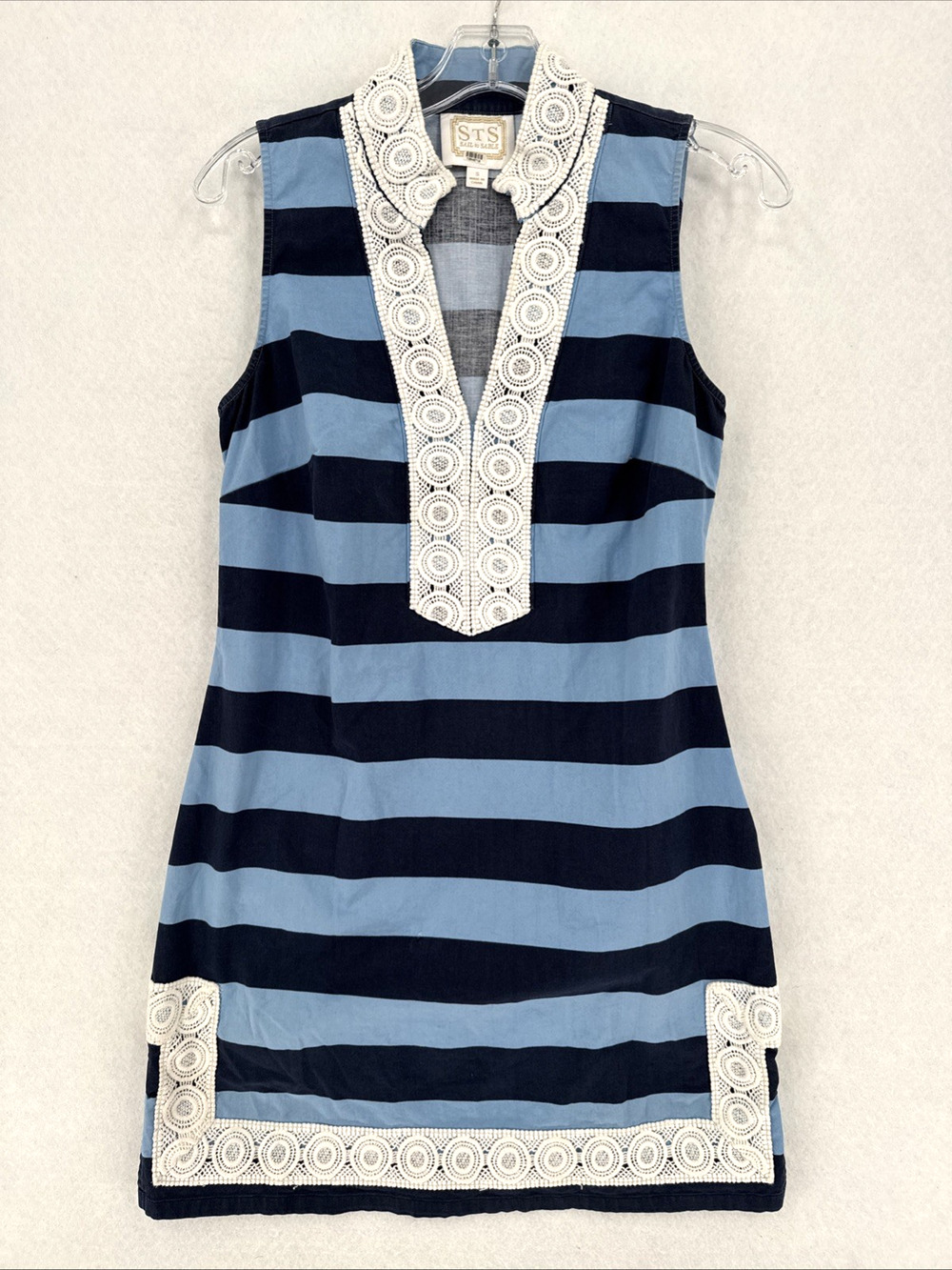 Sail to Sable Blue Striped Scalloped Trim Sleeveless Tunic Dress Sz S - Picture 1 of 5